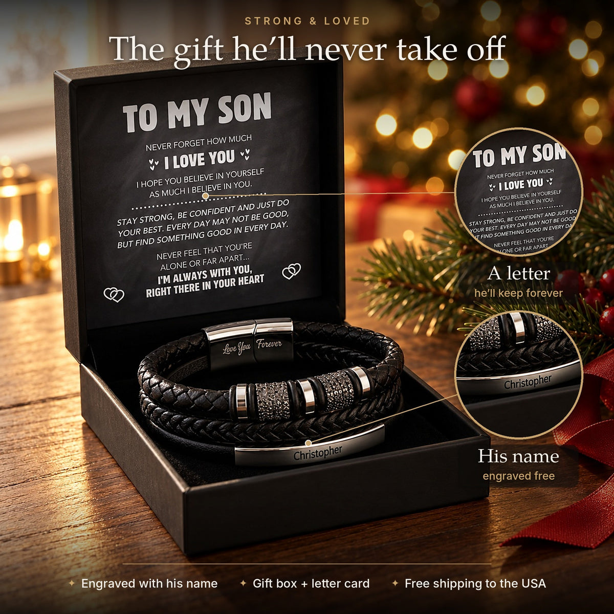 A letter to my son next to an engraved leather bracelet