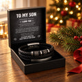To My Son engraved bracelet in its gift box with the letter card, under the Christmas tree