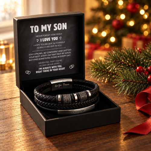 To My Son engraved bracelet in its gift box with the letter card, under the Christmas tree