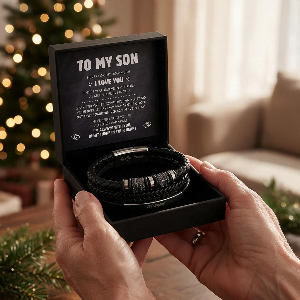 A mother offering the To My Son bracelet gift box
