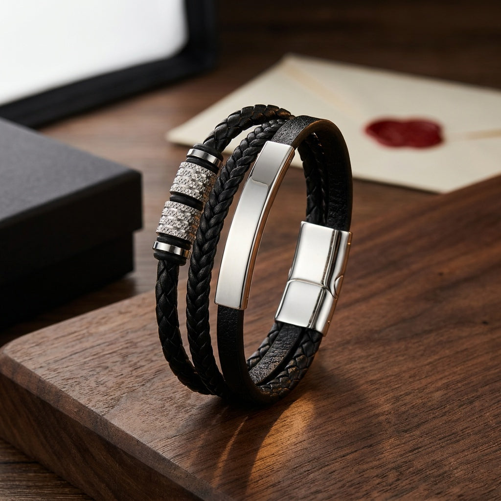Triple-wrap braided bracelet with polished steel name bar on walnut