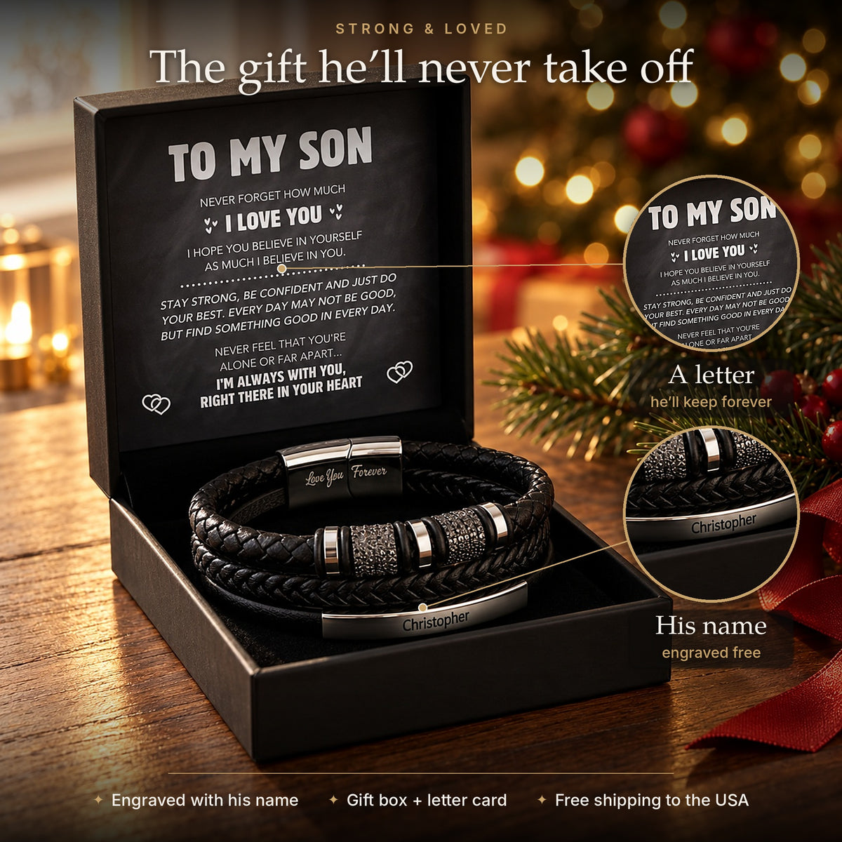 Personalized bracelet: his name engraved and a letter he'll keep forever