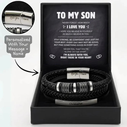 To My Son engraved leather bracelet in gift box with message card