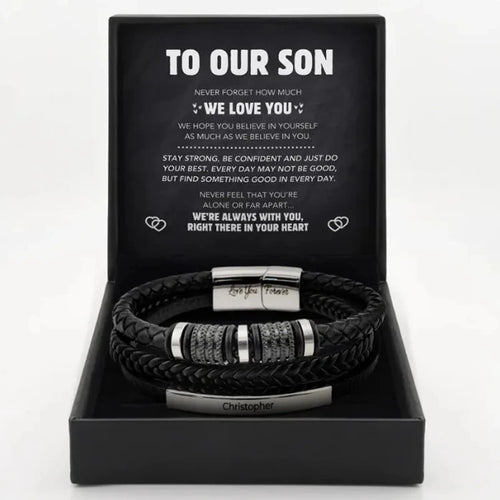 To Our Son engraved leather bracelet in gift box with message card